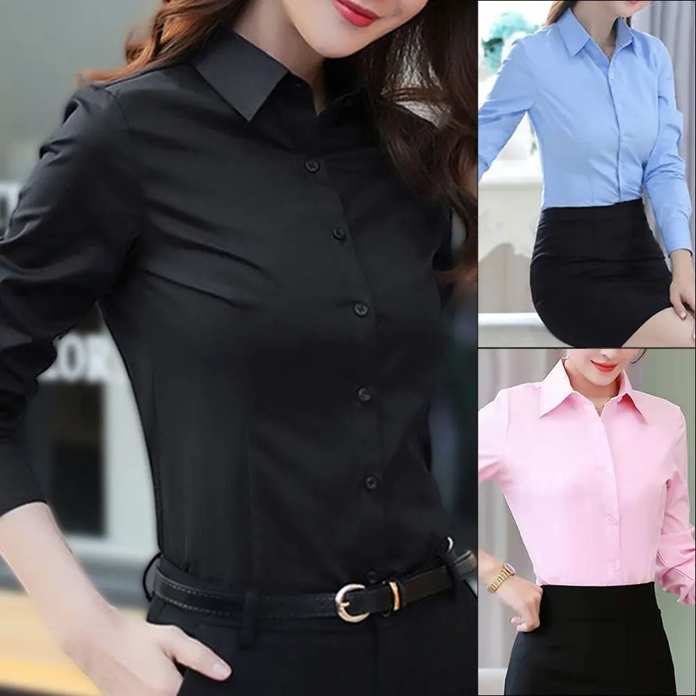 Women Shirt Long Sleeve Blouse Office Lady business Button Solid Work Tops