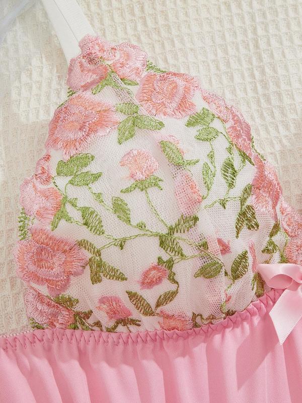 Women's Floral Embroidery Contrast Lace Bow Decor Cami Nightdress, Elegant Backless Spaghetti Strap Nightgown for All Seasons, Fashion Ladies Sleepwear for Daily Wear 2
