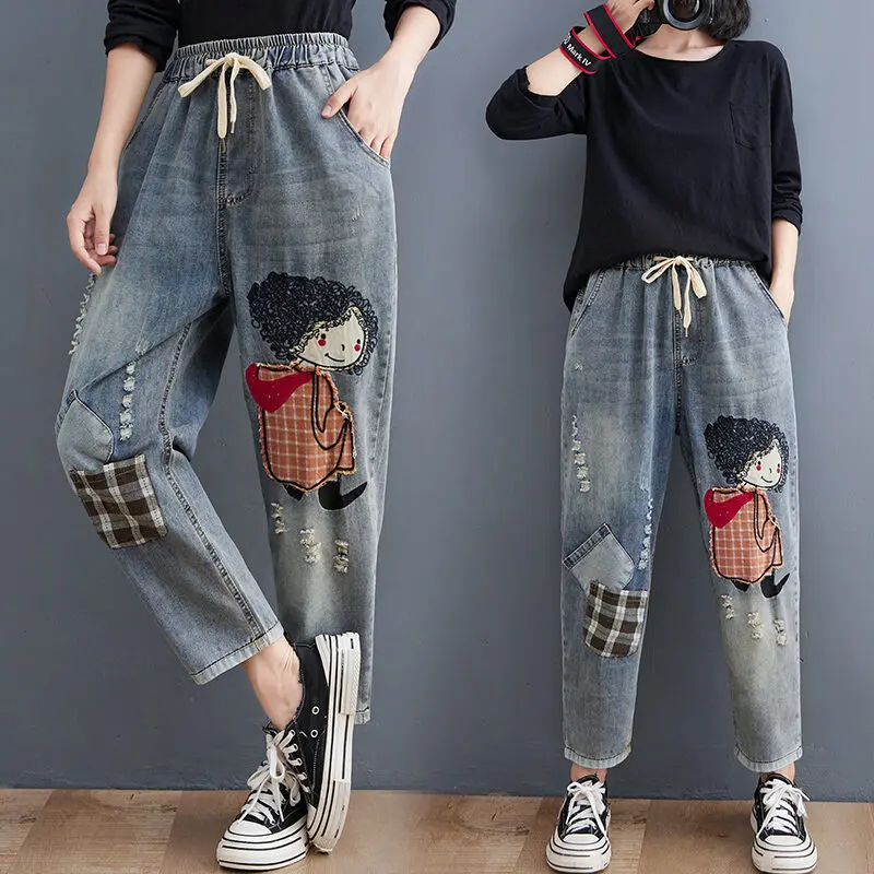 Quần Jean Làm Cũ, Thắt Lưng Co Giãn Thêu Paillette Hoa, Cạp Trung, Dành Cho Nữ, Dáng Rộng Vừa Vặn, Thích Hợp Cho Mùa Thu, Quần Harem Nữ Béo, Kiểu Quần Chín