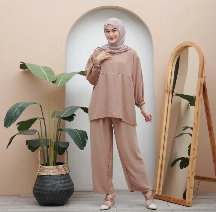 setelan fida one set cringkle airflow Muslim Wanita Crinkle Baju Atasan Celana Dewasa Panjang Remaja Kulot Casual Oversize 6