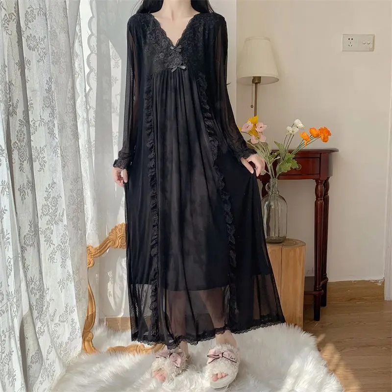 Váy Ngủ Ren Lưới Phong Cách Cung Điện Cổ Điển Ngoại Cỡ Dành Cho Phụ Nữ, Váy Dài Tay, Thích Hợp Cho Mùa Xuân Và Mùa Thu, Đồ Mặc Ở Nhà Có Thể Mặc Ngoài Trời, Có Thể Hỗ Trợ Trọng Lượng 100kg