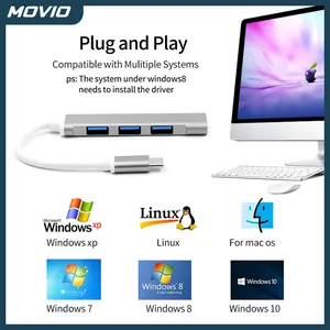 MOVIO USB Hub Aluminium - Converter Type C to 3.0 - High Speed 4 Port