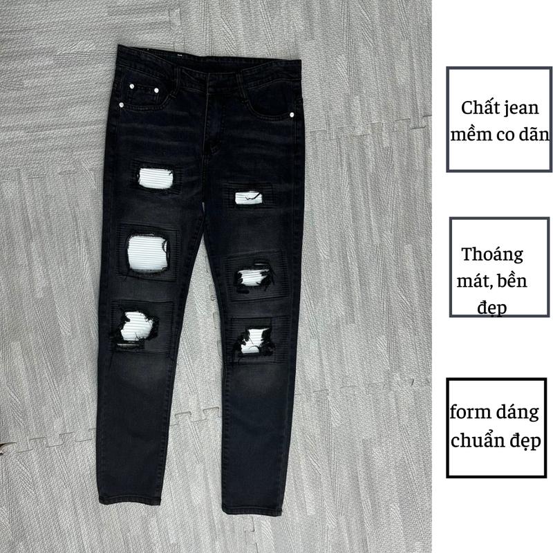 Quần Jean Dài, Cho Nam, Họa Tiết Rách, Vá Da, Màu Nâu Đậm, Chất Jean Co Dãn