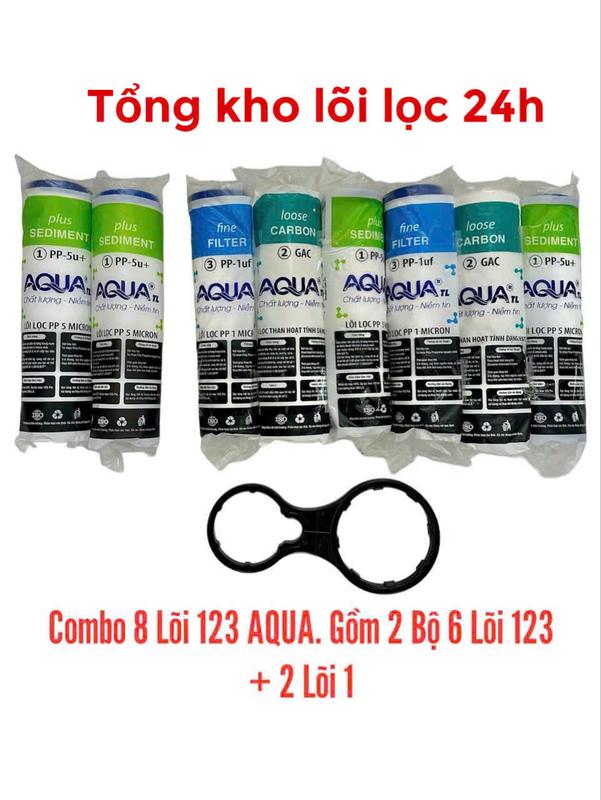 Bộ 8 Lõi Lọc Nước 1 2 3 AQUA  Chính Hãng -  Dùng được cho mọi loại máy lọc nước gia đình, máy lọc nước RO cốc lọc 10 inch