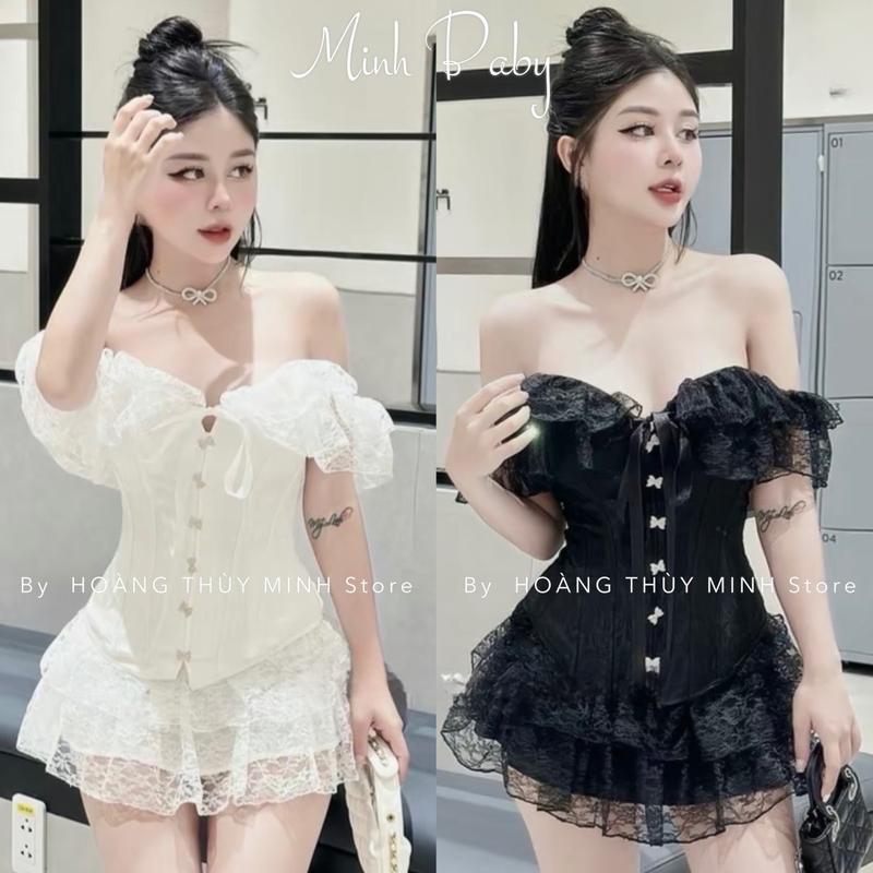 Bộ Sét Cúp Ren Khuy Nơ ĐÁ Bẹt Vai Tiểu Thư - Chân Váy Ren Cao Cấp Women Nữ Top Áo Đen