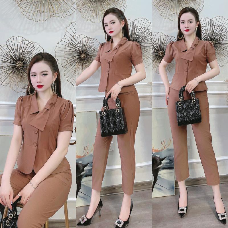 Bộ công sở màu nâu tay ngắn trượt hàn quốc, chất liệu vải loại một cho nữ - Áo, kiểu vét cổ nơ 9
