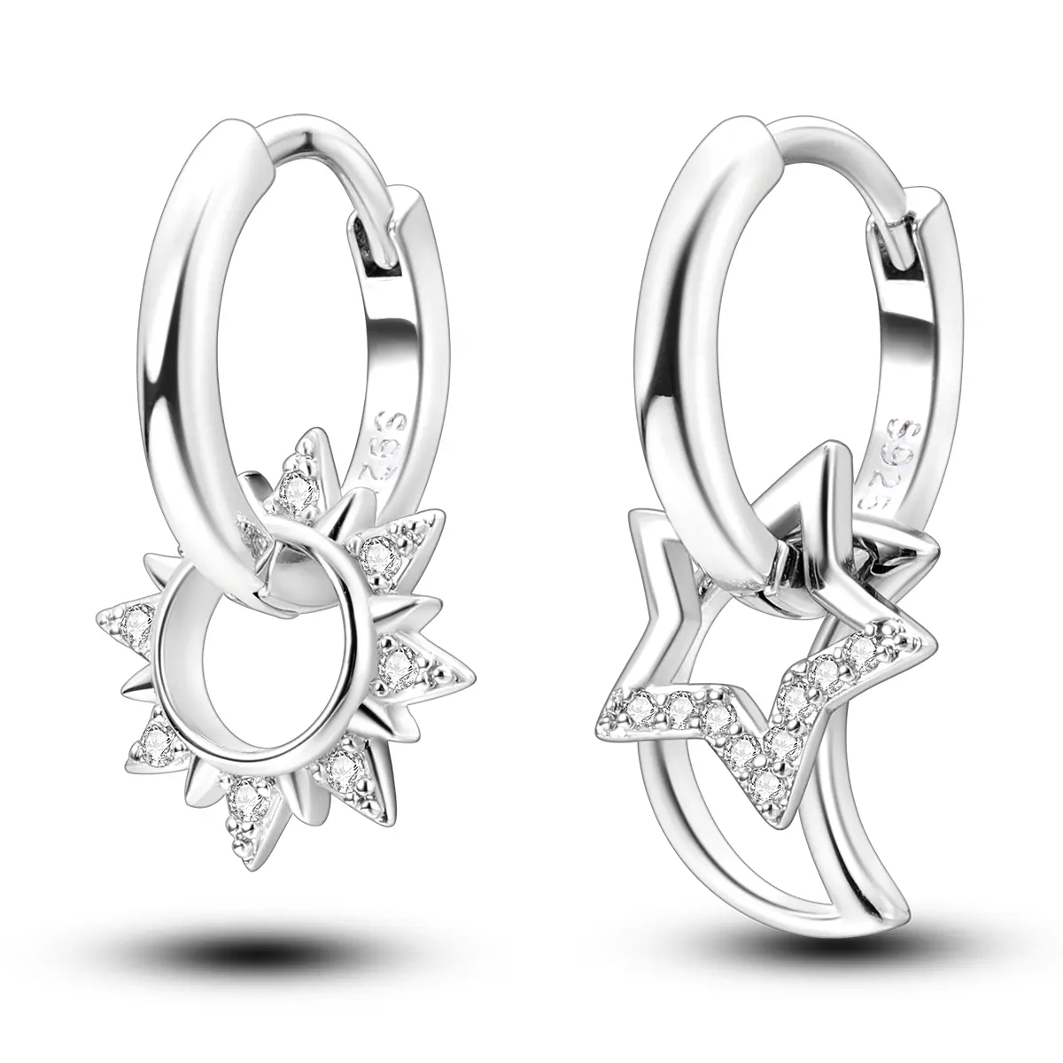 MULA 925 Silver Plated Asymmetric Sun, Moon and Star Hoop Earrings | Celestial Zirconia Jewelry in Silver, Gold and Rose Gold | Elegant Gift for Women and Girls