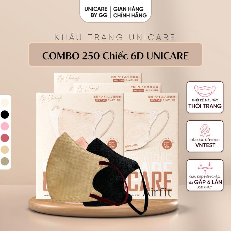 [Võ Hà Linh X UNICARE] - Khẩu Trang 6D Pro Mask COMBO 250 chiếc  Đàn Hồi Tốt, Không Đau Tai.