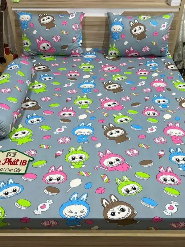 VỎ ÔM KHÓA KÉO - BỘ GA GỐI 4 MÓN - CHẤT THUN 3D HÀN QUỐC- MẪU LABUBU SIÊU HOT 4