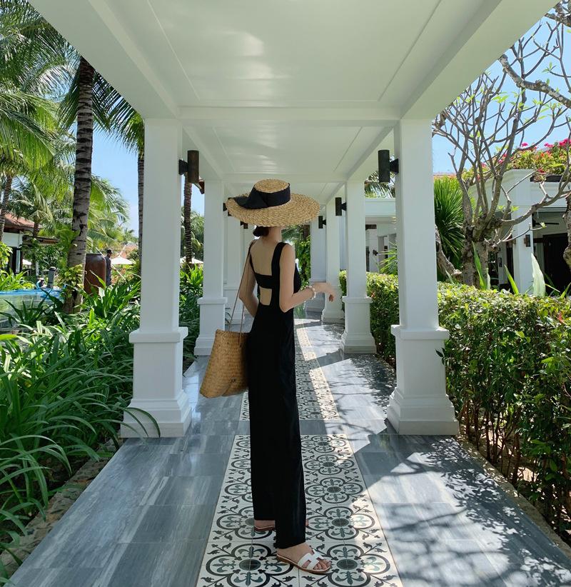 Product Introduction of Jumpsuit Women'S Black High Waisted Wide Leg Open Back Style Jumpsuit Loose Straight Leg Strap Pants 33