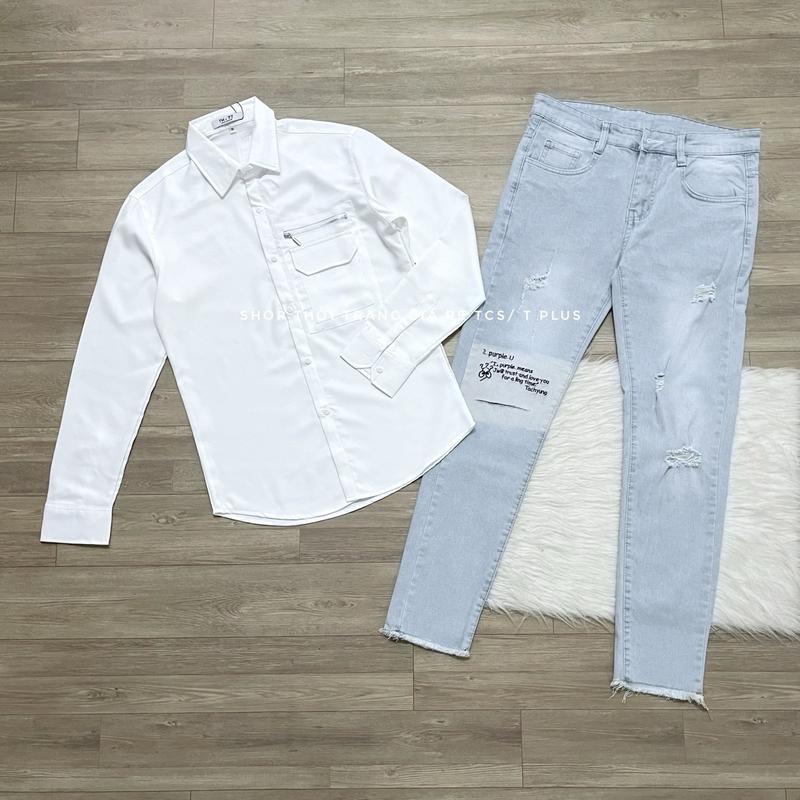 1 bộ ( quần jeans màu xanh nhạt , co giản thoải mái, thêu chữ ở gối, ôm gọn phối với áo sơ mi có túi phối dây kéo màu trắng chất lụa mango ) size 45-75kg dành cho nam
