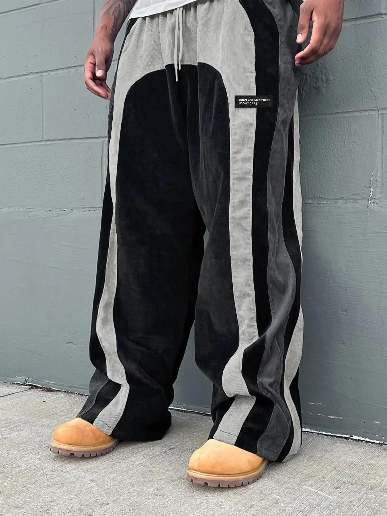 Men's Colorblock Letter Patched Drawstring Waist Corduroy Pants, Loose Casual Comfy Straight Leg Trousers for Daily Wear, Fashion Men's Bottoms for All Seasons, Clothing