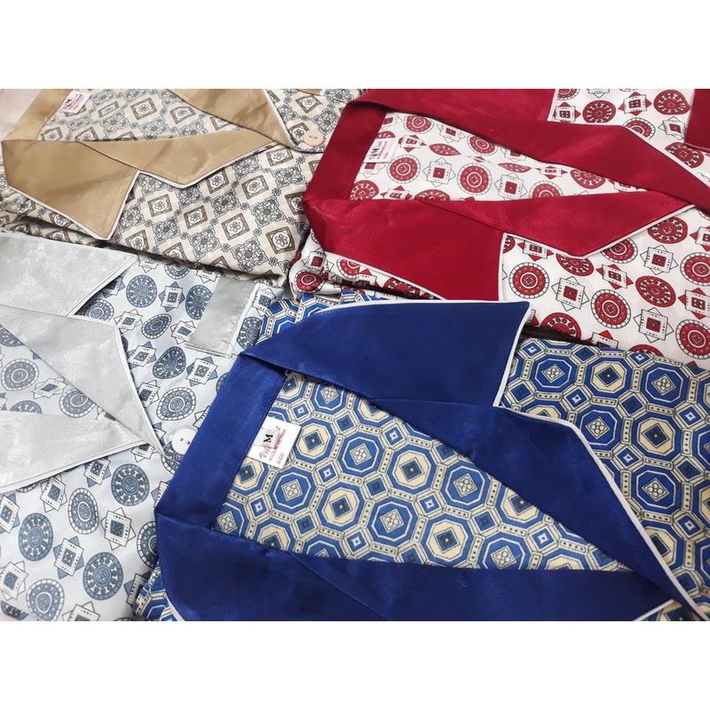 Bộ pijama phi bộ ngủ nam trung niên họa tiết dài tay, chất liệu phi bóng [ẢNH THẬT] Kem Nhung Kem Nhung Tim 2