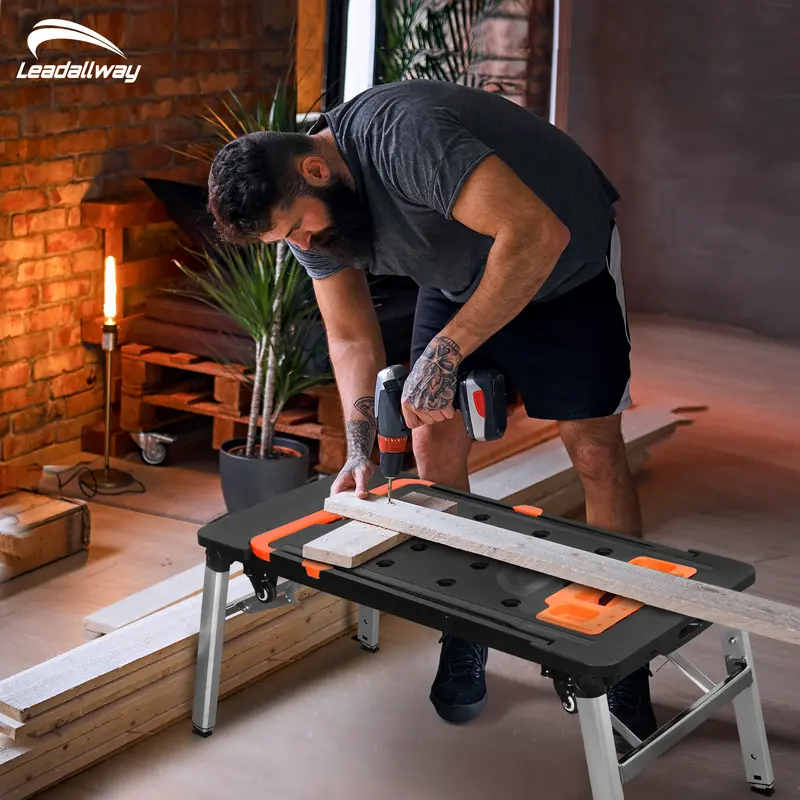 LEADALLWAY 7-in-1 Folding Portable Workbench Painted Work Table as Workbench, Scaffold,Platform,Sawhorse,Car Creeper and Hand Truck with 4 Wheels 1