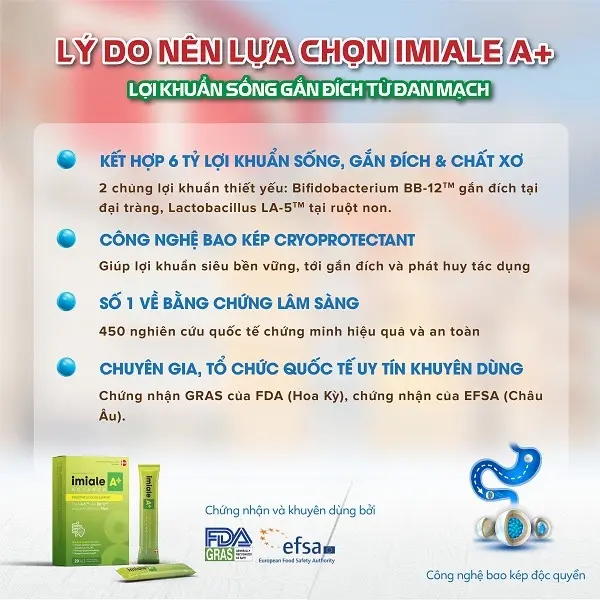 Lợi khuẩn sống đích IMIALE A+ Đan Mạch,  dạng gói hỗ trợ tiêu hóa, đại tràng, táo bón, tiêu chảy 6g/ gói 1