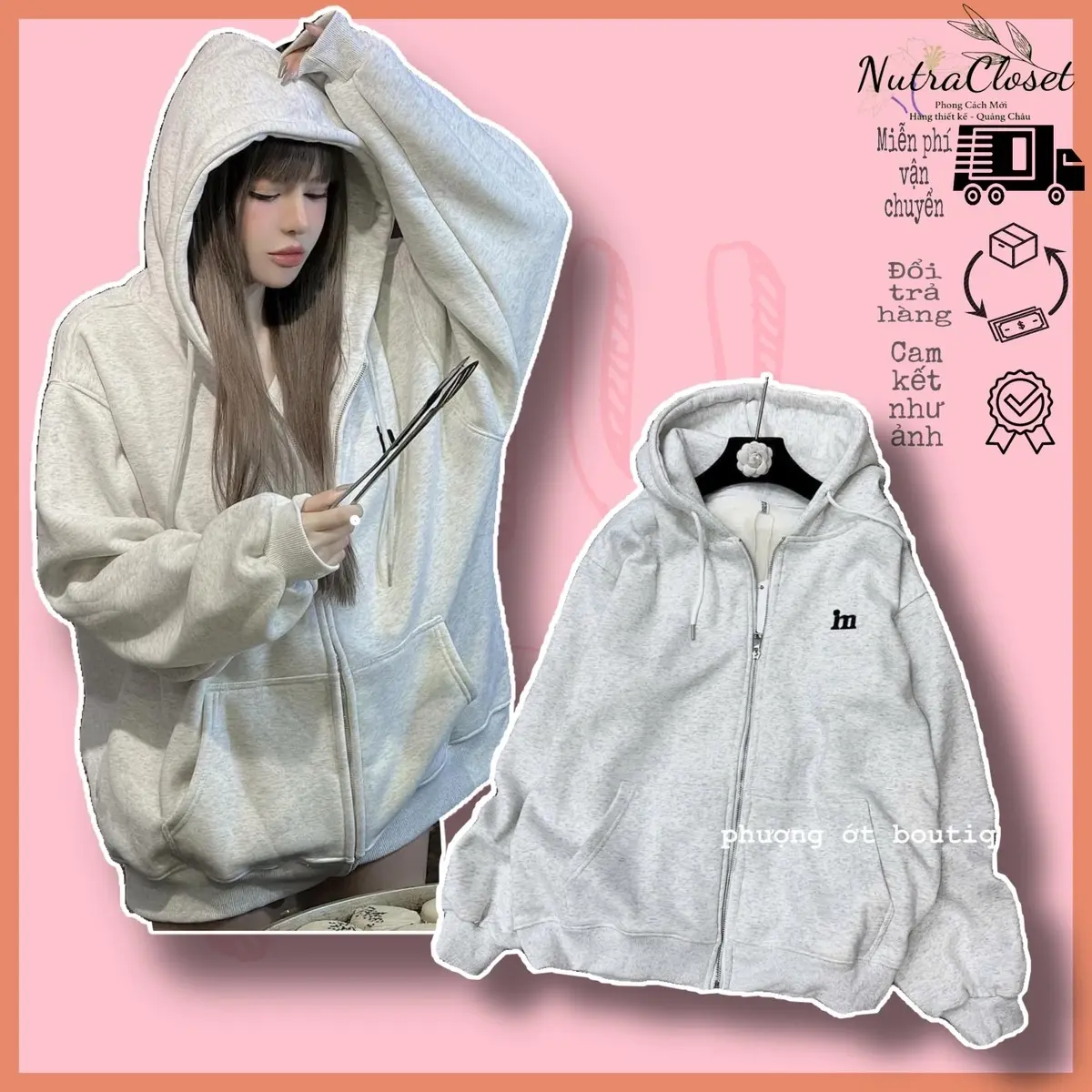 Áo khoác nỉ ngoại dây kéo thêu chữ in unisex ulzzang nam nữ