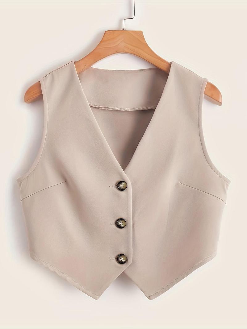 Product Introduction of Women's Solid Button Front V Neck Crop Vest Blazer, Elegant Fashion Asymmetrical Hem Sleeveless Top for Daily Outdoor Wear, Women Clothing for All Seasons 1