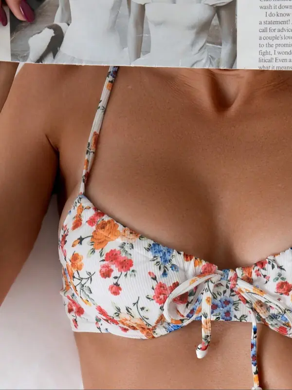 Women's Floral Print Ribbed Bikini Set, High Stretch Casual Fashion Spaghetti Strap Tie Front Backless Swim Top & Tie Side Swim Bottom Two-piece Swimsuit for Beach Holiday Vacation, Bikini Top Trunks 2