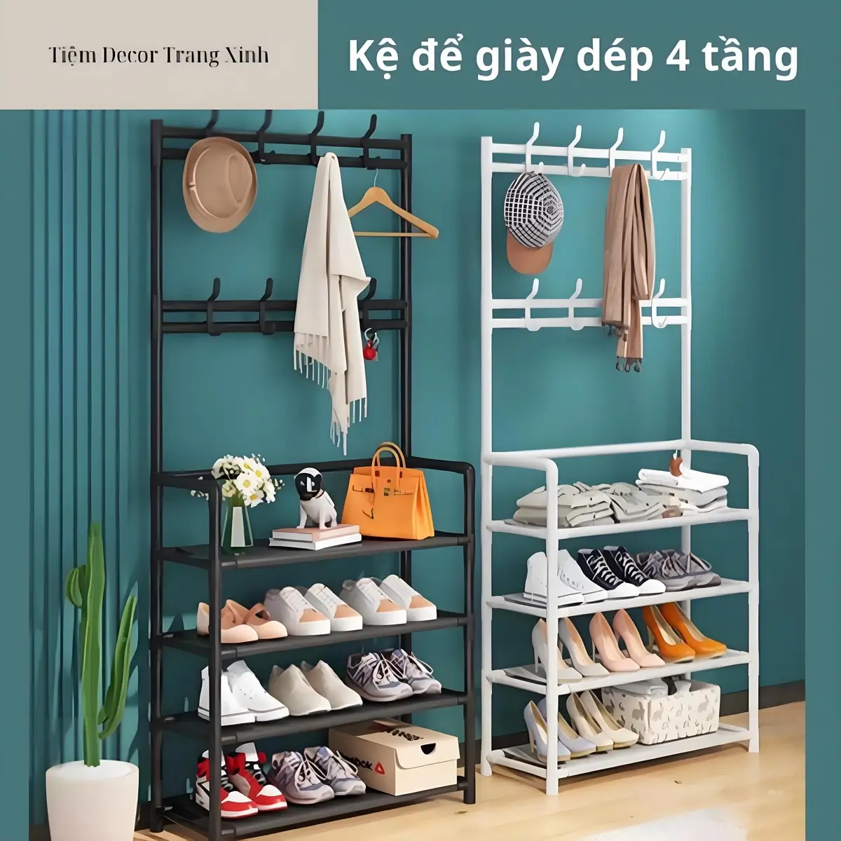 Kệ giày dép 4 tầng kết hợp 8 móc  treo đồ hiện đại, đa năng ,tiện ích,giá rẻ  ( loại 1 )