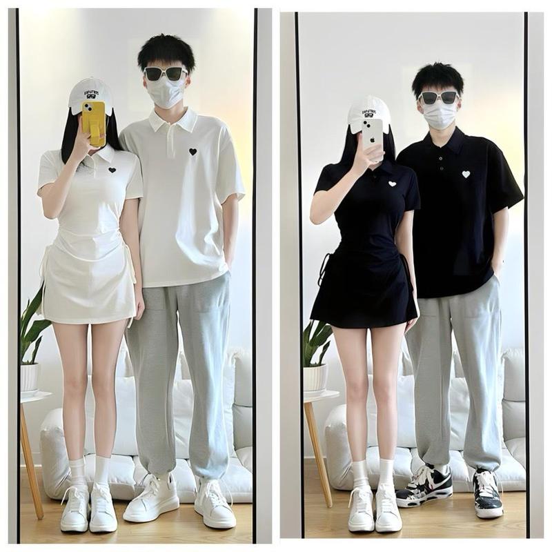 Áo váy thun đôi - 2 màu đen, trắng sticker logo trái tim Nữ đồ đôi