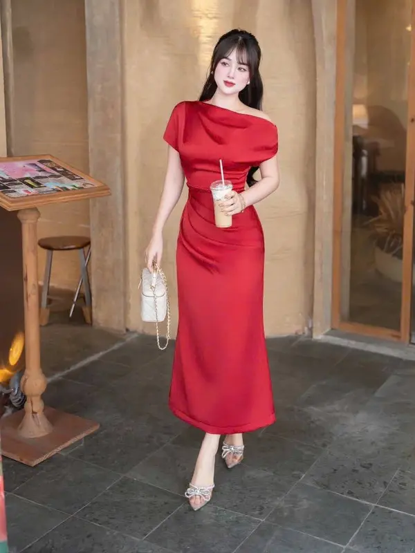 Váy dự tiệc MÀu Đỏ CAm Trẻ Trung vai trễ điểm nhấn dây sam eo - Chất liệu lụa Hàn mềm mịn - 4 Màu Nhiều Lựa Chọn - Size M-3XL 4