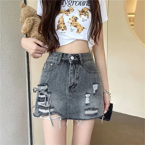 Quần váy jean BIGSIZE lưng cao phom A, trên gối bên trong có quần short, co dãn mạnh 4360 MLJ 70kg 80kg Nữ Denim Pants Women Có Túi