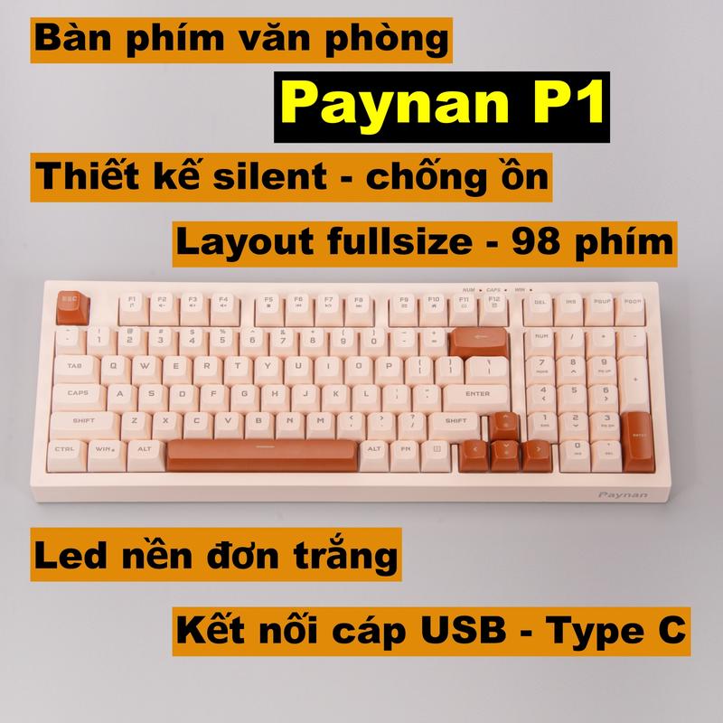 Bàn phím văn phòng P1 Paynan chống ồn kết nối cáp rời type C thiết kế 98 phím đèn led trắng  keycap màu kem cổ điển kèm sticker dán phím dễ thương