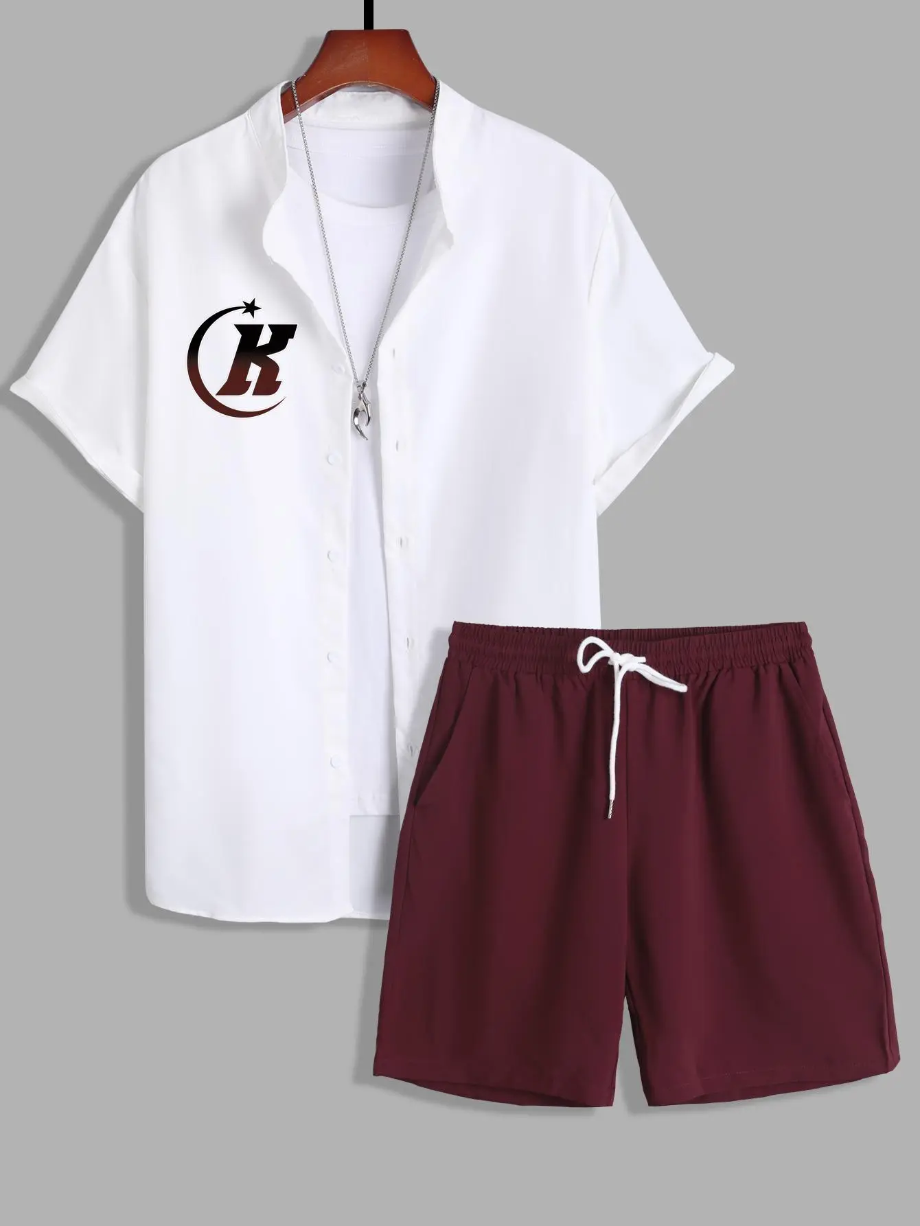 Two-Piece Set Men's Letter Graphic Print Shirt & Shorts Set, Short Sleeve Button Front Shirt & Pocket Drawstring Waist Shorts, Summer Clothes for Men, Casual Summer Outfits