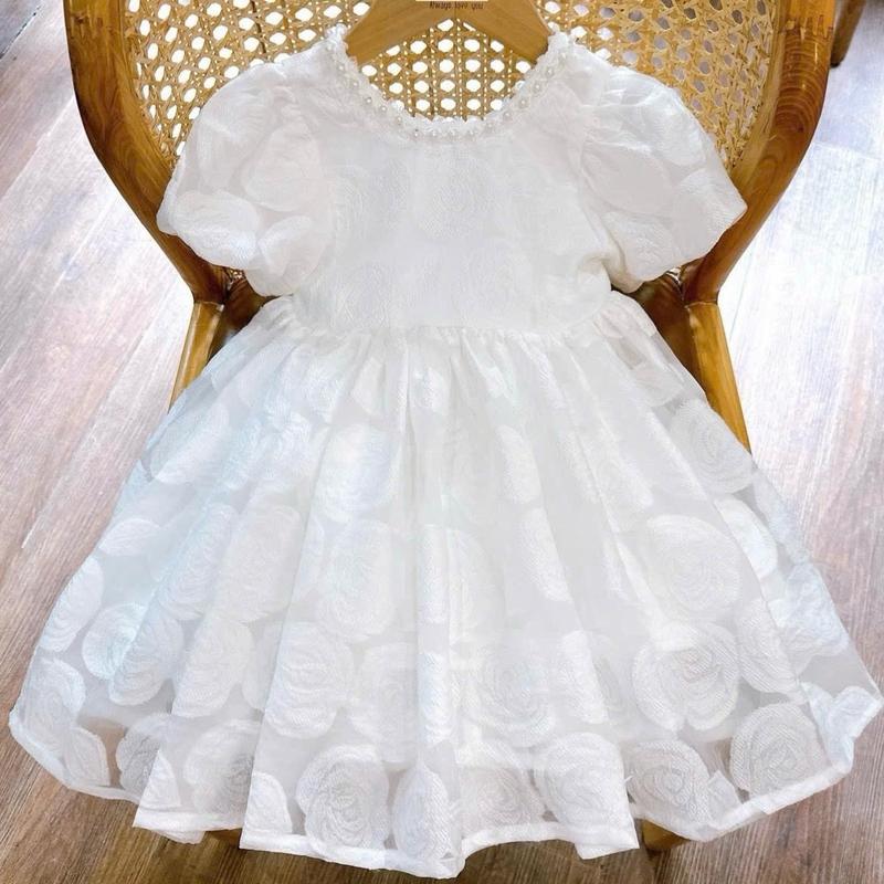 DL44 Váy trắng công chúa cho bé diệu linh shop kids - váy cho bé thiết kế chất liệu gấm hoa màu trắng cho bé đi dự tiệc rất xinh 10-40kg