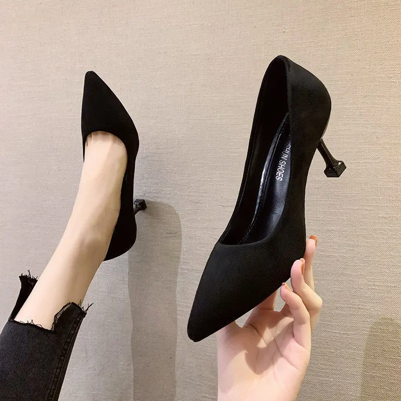 Giày Cao gót, Mũi Nhọn, Mịn, Màu Đen, Bơm Miệng Thấp, Dành Cho Nữ, Bộ Sưu Tập Mùa Lò Xo Và Mùa Hè 2024, Phong Cách Hàn Quốc, Da Lộn, Cỡ 43, Ngoại Cỡ, Hàng Mới Về Shoes 7