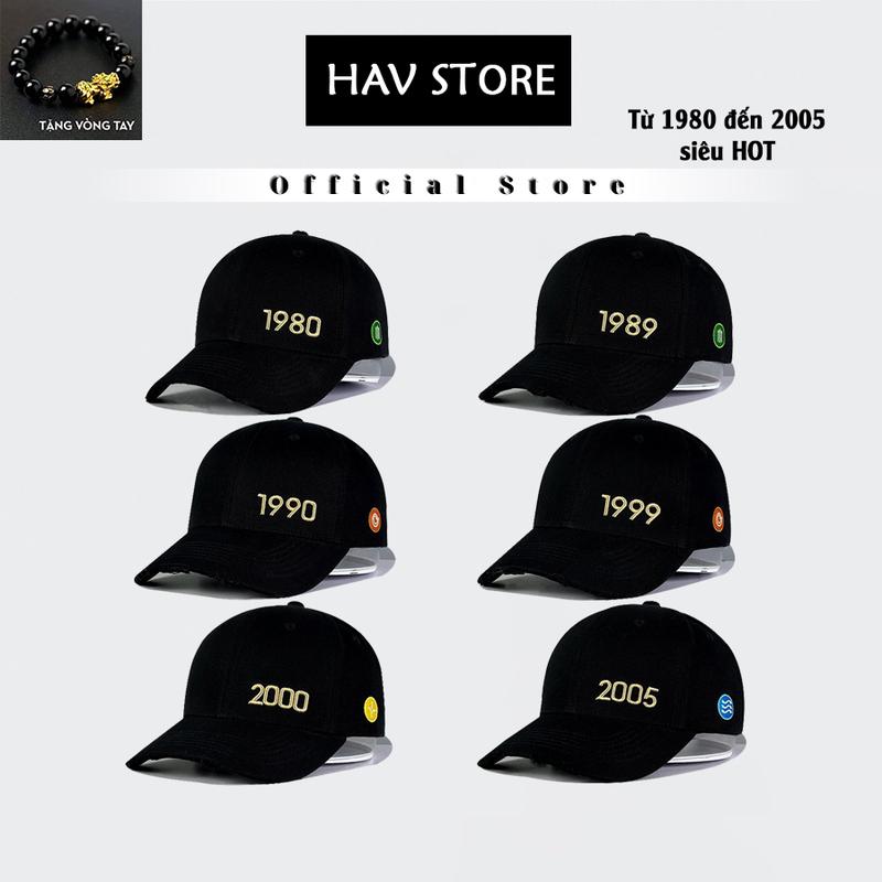 Mũ lưỡi trai năm sinh từ 1980 đến 2005 màu đen logo thêu nổi kèm mệnh tuổi Siêu HOT Full Hộp