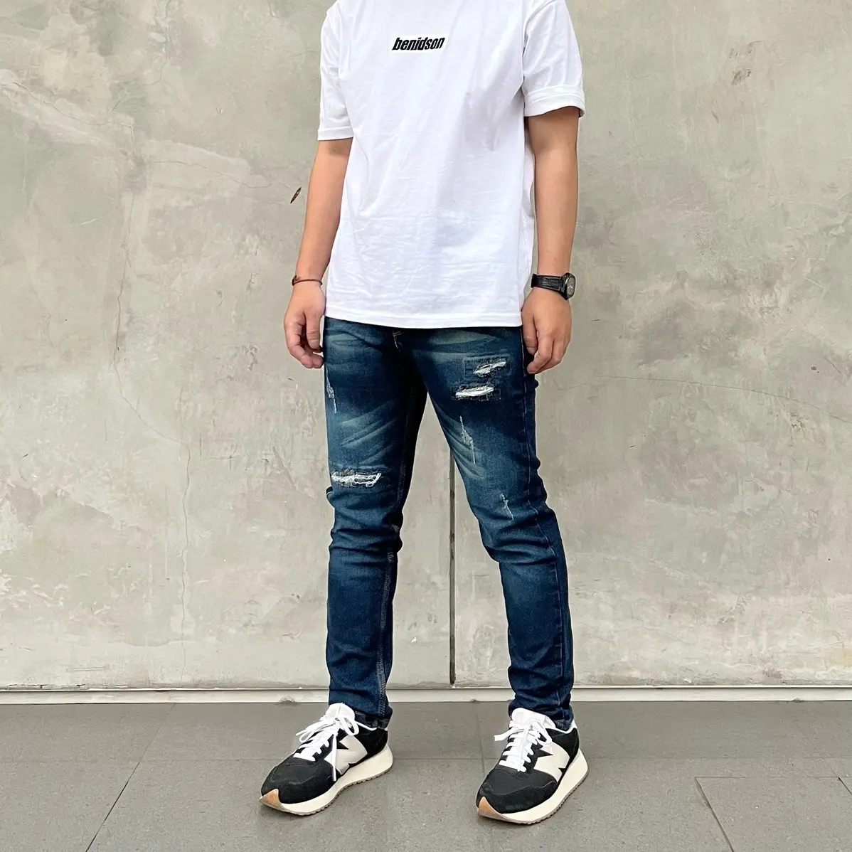 Celana jeans pria blue denim sobek tidak tembus slimfit stretch panjang ripped Skinny