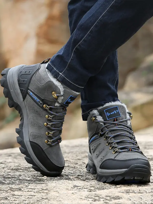 Men's Solid Color Lace Up Ankle Boots, 2024 New Style Casual Sporty Warm Snow Boots for Outdoor Hiking, Non-slip Comfortable Camping Shoes for Fall & Winter 8