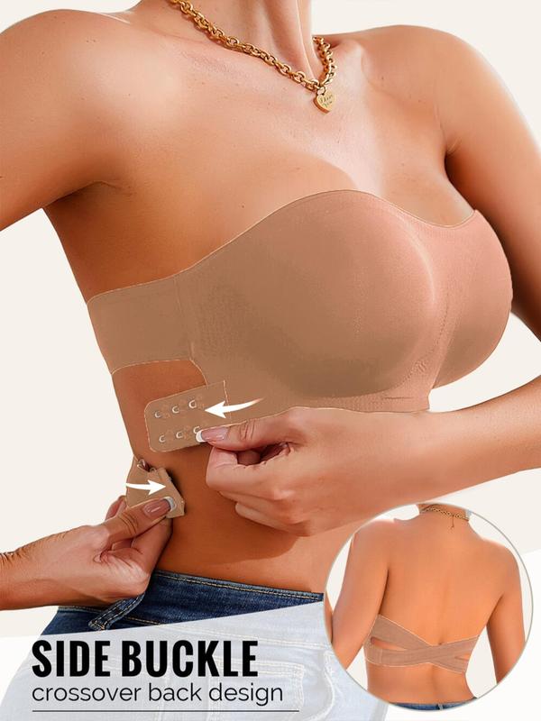 Women's Solid Color Buckle Side Criss Cross Bandeau Bra, Push Up Strapless Bra, Soft Comfortable Breathable Lingerie for Daily Wear, Bras Women 2