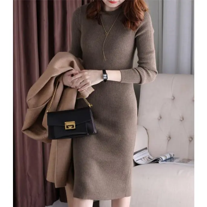 Váy Màu Trơn Mới Cho Nữ, Phong Cách Hàn Quốc, Phong Cách Phương Tây, Dáng Ôm, Giảm Béo, Đồ Lót Nữ, Áo Chui Đầu, Giả Dệt Kim, Mùa Thu Và Mùa Đông 2