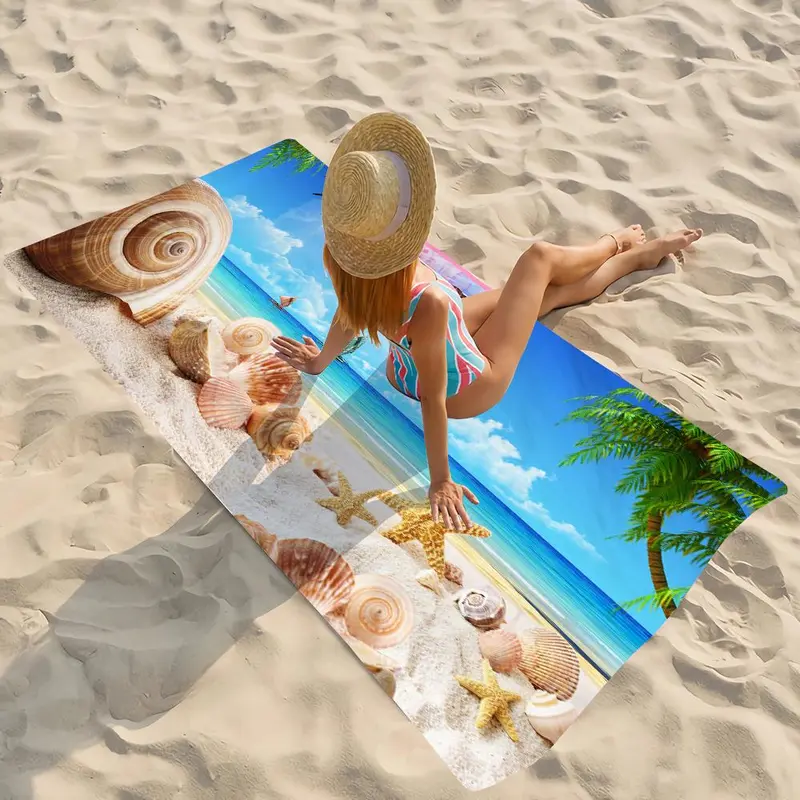 Starfish & Beach Pattern Beach Towel, 1 Count Quick Drying Beach Towel, Soft Absorbent Towel for Home Bathroom Beach Vacation 2