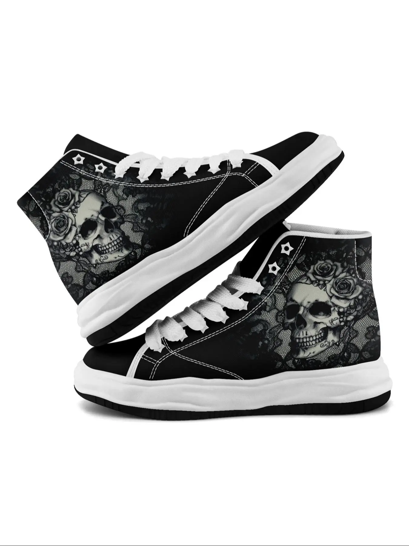 Women's Fashionable Skull & Rose Pattern Canvas Sneakers, Shoes for Women, Casual Comfortable Sports Shoes for Daily Wear, Female All-match Round Toe Shoes for Daily Wear