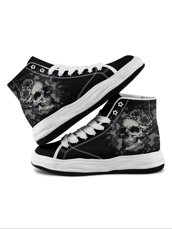 Women's Floral & Skull Print Lace Up High Top Canvas Sneakers, Fashionable Skull Pattern Shoes for Daily Wear, Casual Comfortable Sports Shoes for Women & Girls 1