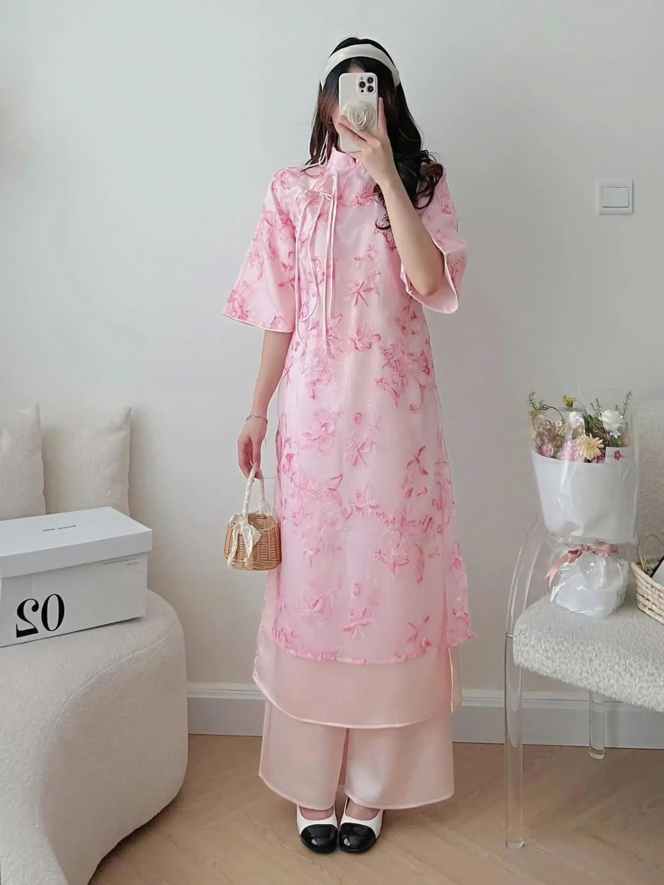 Set bộ áo dài cách tân tay lỡ dáng suông Maian áo cổ tàu phối nơ chéo 2 lớp chất gấm hoa kèm quần lụa mặc lễ tết S5200
