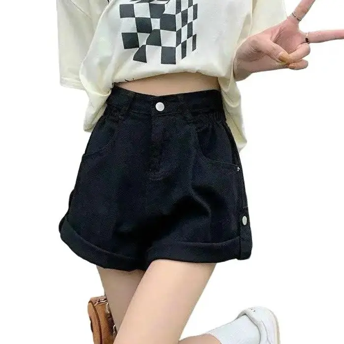 Quần short kaki lai lật đính nút lưng cao nữ/ Quần short xoắn lai ống rộng lưng cao 2 màu trắng đen/ Quần đùi nữ kiểu dáng đơn giản Women Ong Pants
