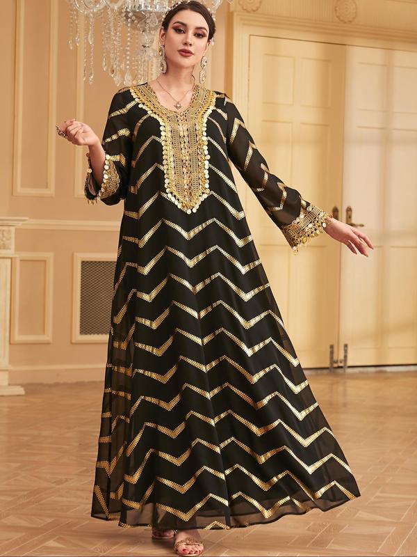 Arabic Clothing- Wave Pattern Hot Stamping Contrast Sequin Fringe Trim Dress, Elegant Long Sleeve V Neck Long Dress for Women, Women's Islamic Clothing for All Seasons, Modesty Dresses, Kameez 0