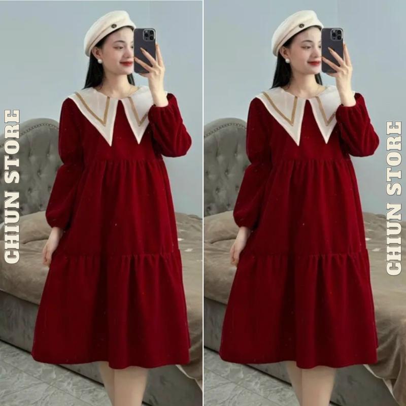 Váy Bầu Nhung Lỳ, Váy Bầu Tiệc Đỏ Dài Tay Mùa Đông Xinh Xắn Ấm Áp Tiểu Thư M649 Chiun Store Nữ Thun Women Dress Màu Đỏ vaynoel