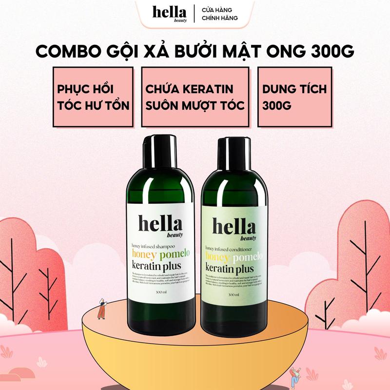 Combo dầu gội xả bưởi mật ong keratin phục hồi tóc hư tổn dưỡng tóc mềm mượt Hella Beauty 300ML X2