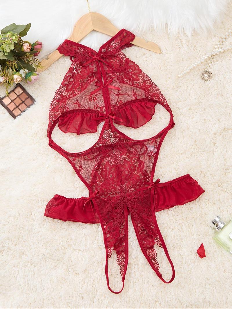 Product Introduction of Women's Cut Out Backless Sheer  Floral Lace Lingerie Bodysuit, Sexy Comfy Breathable Open Crotch  Design Cami Bodysuit for Daily Wear, Women's Lingerie for All Seasons 5