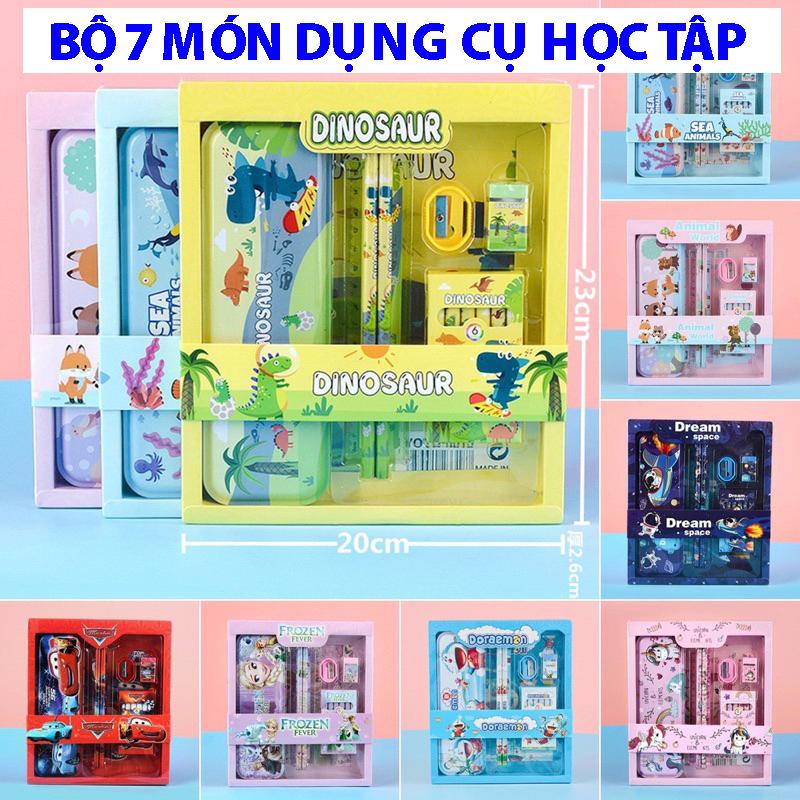Bộ dụng cụ học tập 7 món cho bé nhiều mẫu gồm hộp bút, hộp màu, bút chì, thước kẻ, gọt chì, tẩy,nhiều hình cho bé lựa chọn
