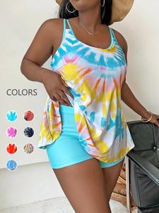 【Talla Grande】 Conjunto de Tankinis de Verano con Top Camisola y Shorts con Estampado de Teñido Anudado, Ropa de Verano, Top sin Mangas con Tirantes Espagueti y Shorts, Traje de Baño para Mujer Talla Grande