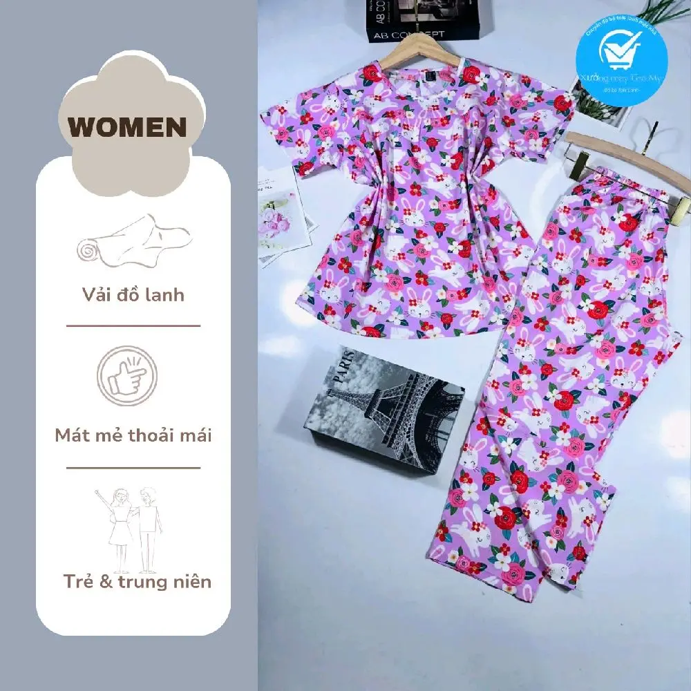Đồ Bộ  Tole Lanh Quần 9 tấc Áo Tay Búp Mặc Nhà  Đẹp  Mát Thời Trang dành cho phái nữ size 58 -77kg Women Top