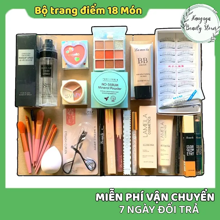 Combo 18 món trang điểm mặt X5 gồm: Xịt khoá nền, phấn mắt, phấn phủ, phấn má, che khuyết điểm, kem nền, mi chùm, tạo khối, kẹp mi, son ... đầy đủ 18sp như hình, Mỹ Phẩm makeup