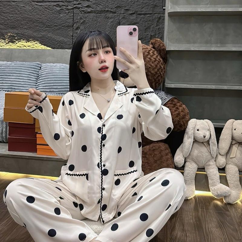 Đồ bộ nữ hoạ tiết chấm bi, pyjama nữ lụa latin mềm min mượt mát Freesize 1