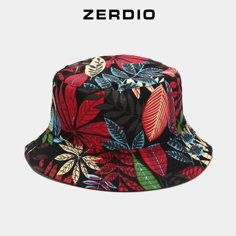 Nón vành tròn mũ bucket 2 mặt đen trơn họa tiết lá cá tính cho cả nam và nữ